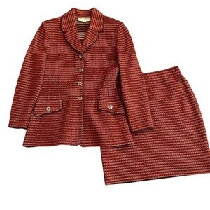 BEAUTIFUL St John collection knit black Orange Metallic Multi Jacket Skirt Sz. 2